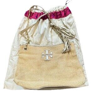 Tory Burch Thea Straw Tote With Chain And Metallic Leather Shoulder Strap Tassle